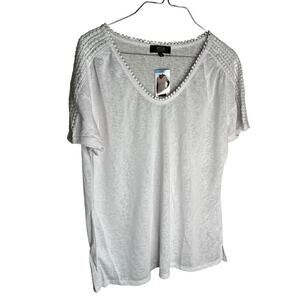 Modern Canvas Shirt Short Sleeves V-Neck Minimalist White Womens Large NWT